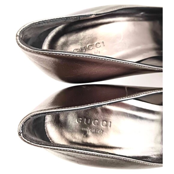 GUCCI Silver Blush Metallic Leather Platform Heels Sz 8 Made in Italy Wood Heel - Picture 8 of 16